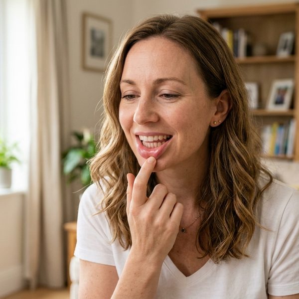 Mujer revisándose el interior del labio frente al espejo